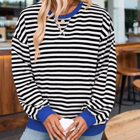Women's Casual Crewneck Striped Long Sleeve Sweatshirt - Comfortable Loose Fit Ribbed Knit Top For Spring&Fall (Option: Black white-S)